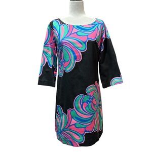 Lilly Pulitzer Shift Dress Size 6 Black Multicolor Floral Print Cotton Lined‎
